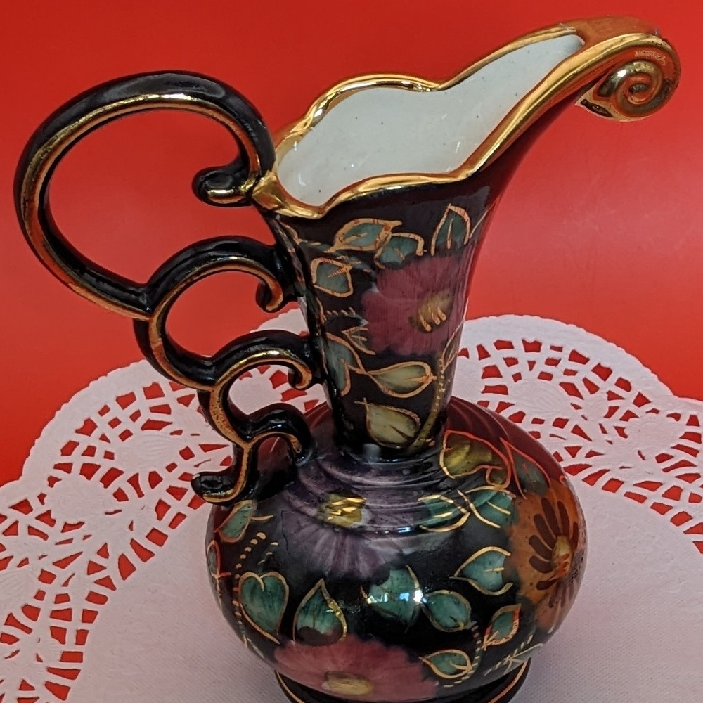 Floral Ceramic Pitcher with Gold Accents